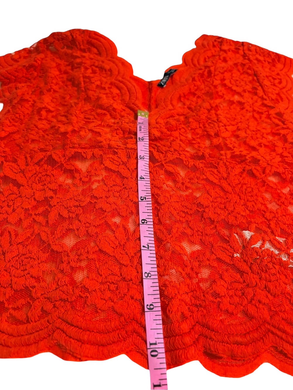 Zara Red Floral Lace Sheer Top Scalloped Stretch Blouse L - Picture 9 of 10